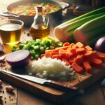 Soffritto, fa vágódeszkán frissen felaprított hagyma, sárgarépa, zeller